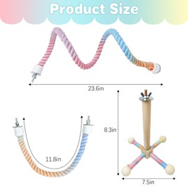 BNOSDM Bird Rope Perch with Stand Perch Toy Set Bendable Rope Perches Wooden Spinning Exercise Wheel Toy Parrot Cage Accessories for Parakeets, Conures, Lovebirds, Budgies, Cockatiels (Rainbow Color)
