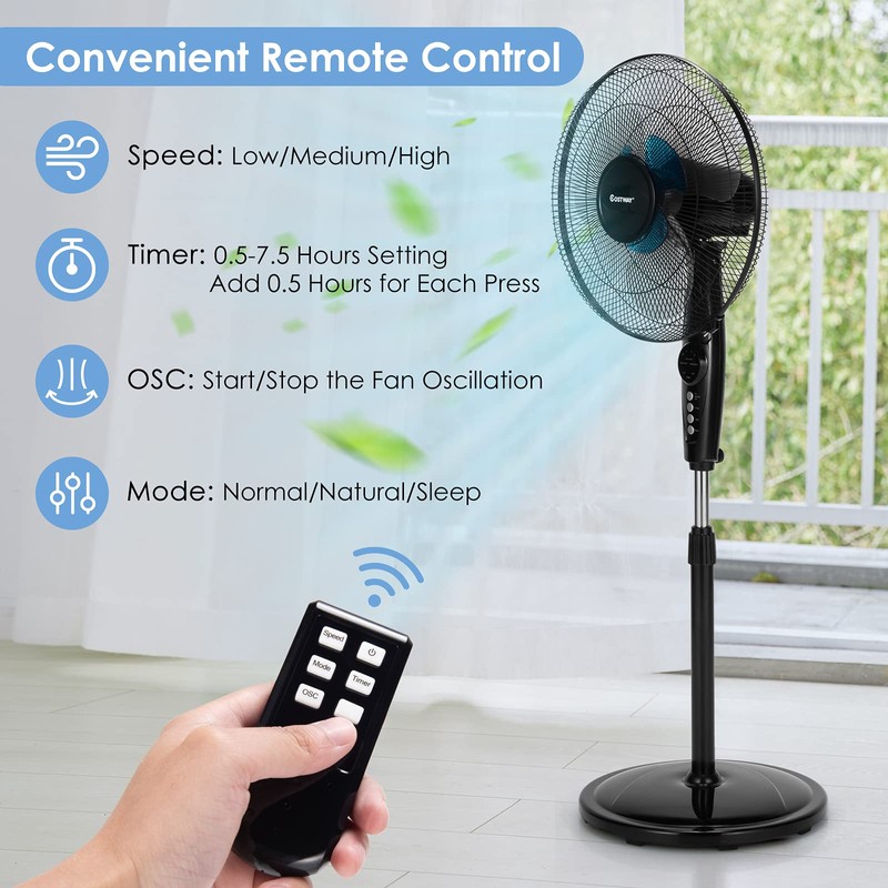 COSTWAY Pedestal Fan, 16-Inch Adjustable Height Fan, 3-Speed Digital Control,