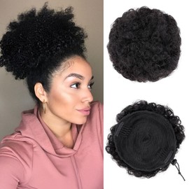 1PC Afro Puff Natural Black Drawstring Ponytail Human Hair Buns for Girls Kids Black Women Large Size Kinky Curly Buns Hairpieces 8 Inch 54G