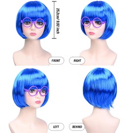Kavoc 3 Pcs Sadness Wig Cosplay Accessories Set Include Blue Bob Wig Purple Glasses Blue Gloves for Halloween Anime Cosplay Costume Dress up Outfit