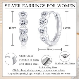 Josfeva Silver Hoop Earrings for Women, Small Hoops Earring with Cubic Zirconia for Girls, 925 Sterling Silver Heart Shape Hoop Earrings, Hypoallergenic Sleeping Cartilage Ear Jewellery with Gift Box