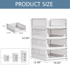 VECELO 4 Pack Plastic Closet Shelf Organizer, Stackable Sweater Storage Closet Drawers, Foldable Wardrobe Organizer, Easy Assembly, Durable and Space Saving for Closet, Bathroom, Kitchen, Gray