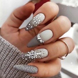 24Pcs Christmas False Nails Almond Long, Silver Gradient Press on Nails Ballerina French Fake Nails, Acrylic Glue on Nails with Snowflake & Rhinestones Design, Stiletto Stick on Nails for Women Girls