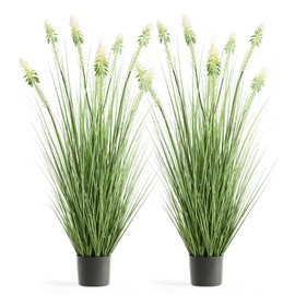 FloraFairy 4ft 2-Pack Horsetail Reed Grass with White Cockscomb Flower, 48in Tall Indoor Outdoor Green Onions Fake Plants in Pot, Home Office Decorative Artificial Plant & Greenery, Wedding Décor