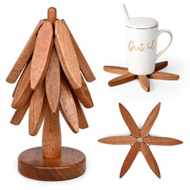 Homlouue Trivets for Hot Dishes, Wooden Trivets, Wooden Tree Trivet Set, 3 Wooden Trivet + 1 Stand, Wooden Trivets for Hot Pots Pans Bowls Mugs Teapot Hot Pot, Tree Shape Trivet Set, Brown Color