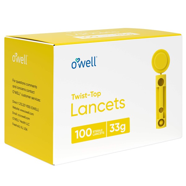O'WELL Twist Top Lancets 33 Gauge, 100 Count | Ultra Thin Needle Lancets for Blood Glucose & Keto Testing | Box of 100 Sterile Lancets