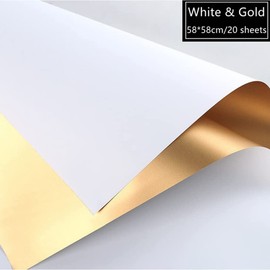 Pack of 20 Two-Tone Double-Sided Flower Packaging Paper, Waterproof Flower Packaging Paper, Florist Bouquet Supplies, DIY Crafts, 58 x 58 cm (White & Gold)
