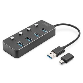 DIGITUS USB Hub - 4 Ports - USB 3.0 - Up to 5 Gbit/s - Ports Individually Switchable - Includes USB-A to USB-C Adapter - Plug & Play - Aluminium Housing - Dark Grey