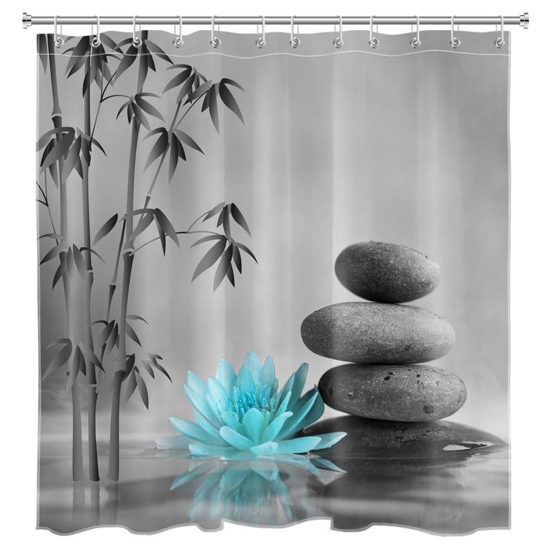 LB Zen Spa Shower Curtain Grey Bamboo Stone with Teal