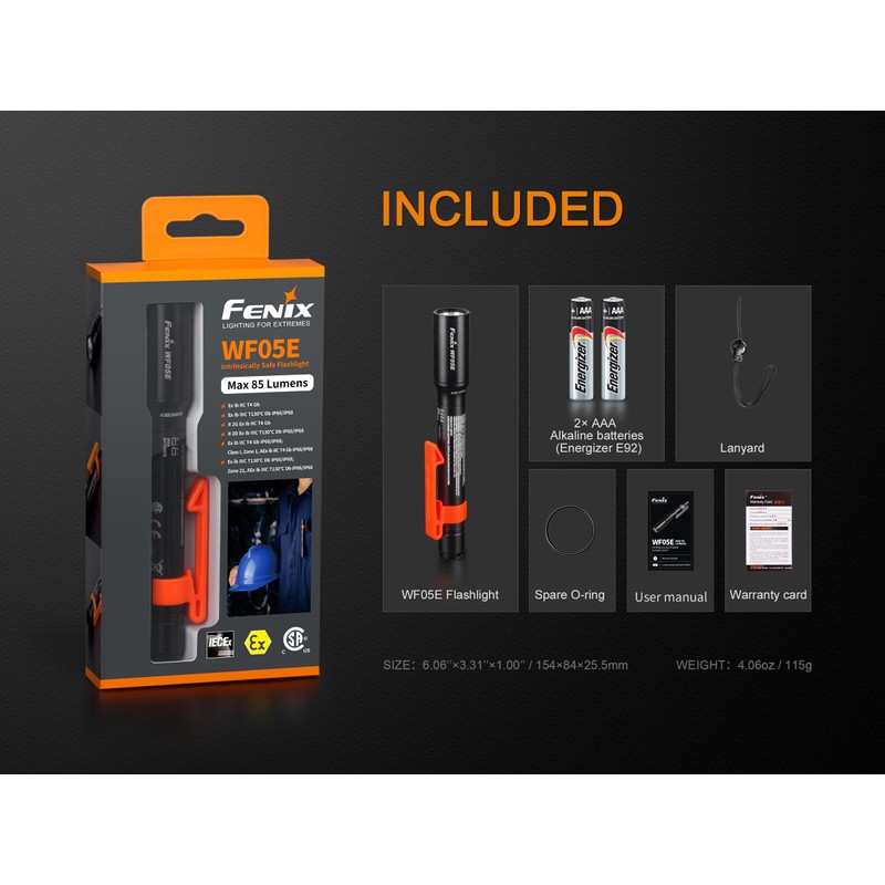 FENIX WF05E Intrinsically Safe Flashlight, Black, S
