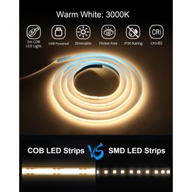 ALITOVE COB LED Strip 2 m TV LED Backlight USB Dimmable LED Strip 320 LEDs/m 5 V Warm White 3000 K for Wall Cabinet Underlighting Bedroom Home Decoration