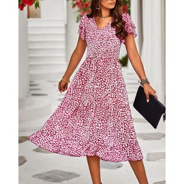 BTFBM Women Casual Summer Short Ruffles Tiered Sleeve Smocked Midi Dresses Bohemian Floral V Neck Wedding Guest Long Dresses(Floral Wine Red,X-Large)