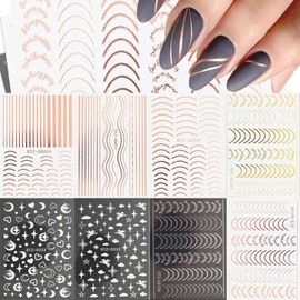 LANODO Nail Stickers 8 Pieces French Stickers Gold Silver Line Curved Nail Art Beautiful Nail Stickers DIY