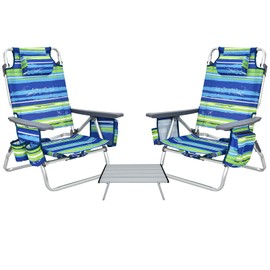 BETTARY Backpack Beach Chairs Set, 5-Position Lawn Chair & Small Aluminum Table w/Cup Holder, Cooler Bag, Heavy Duty Lay Flat Folding Camping Chairs 3PCS for Fishing & Sunbathing