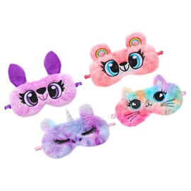 TOVINANNA 4Pcs Furry Cartoon Eye Masks for Plush Sleep Blindfolds with Adorable Animal Designs Soft Cover for Sleeping for Travel and Naps