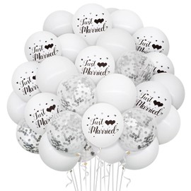 Bealif 30pcs Just Married Wedding Decoration Set, 12inch Just Married Balloons with Sliver Confetti Latex Balloons White Silver Decoration for Wedding, Bridal Shower, Engagement Party Supplies