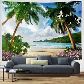 FENDROM Ocean Beach Tapestry Wall Hanging Tropic Paradise Beach Wall Decor Hawaii Tapestries Flower Palm Tree Tapestry for Bedroom Living Room Dorm