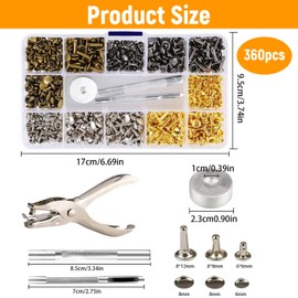 360 Piece Leather Rivets Set, Metal Rivets Round, All Bronze Leather Rivets, Leather Double Cap Copper Rivets, Leather Rivets for Clothing, 6 mm/8 mm/12 mm, DIY Leather Fastening Tool (Pliers with