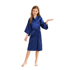 CuteOn Kids Girls Satin Silk Kimono Robe Dressing Gown Bathrobe Nightwear for Spa Wedding Birthday Party Dress Dark Blue Size 9-11Years - (Height 130-145cm)