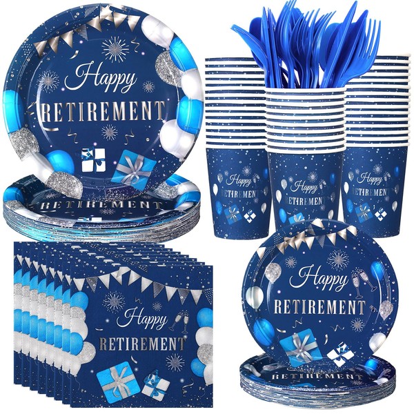Sunnychicc 400 Pcs Happy Retirement Party Supplies Blue Silver Retirement