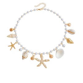 Shell Starfish Necklace Gold Seashell Necklace Sea Shell Pearl Choker Necklace Conch Necklace for Women Hawaiian Beach Jewelry (Starfish shell pearl choker)