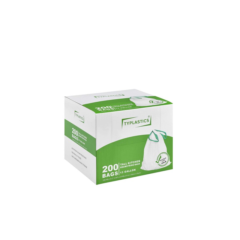 TYPLASTICS Tall Kitchen Drawstring Trash Bags 13 Gallon (200 Count)
