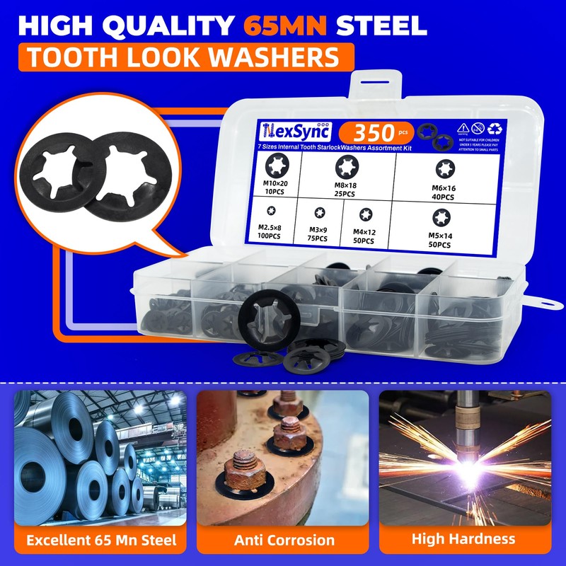 NexSync 350PCS 65Mn Steel Internal Tooth Star Lock Washers Kit