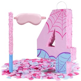 Pink Spider Web Number 4 Pinata, 16 Inch Spider Web Piñata for Boys Girls 4th Birthday Party Decorations with Stick, Blindfold and Confetti (Spider Web Number 4 Pinata)