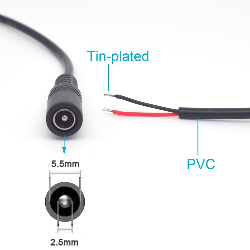ELNONE 2PCS DC Power Female Pigtail Cable,22AWG 0.3M/1FT 5.5mm x