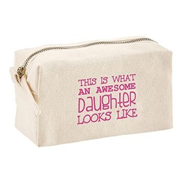 This is What an Awesome Daughter Looks Like Design Printed in Hot Pink on Ladies Neutral Cotton Makeup Bag