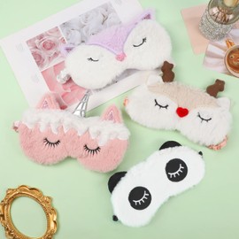 Pack of 4 Children's Sleeping Masks, 4 Patterns Sleeping Mask, Funny Plush Blindfold, Eye Mask, Animal, Soft, Comfortable for Children, Girls, Boys, Adults