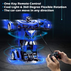 AMENON Remote Control Transform Car Robot Toy for Boys Kids Teens Toys with Lights RC Car 2.4Ghz 1:18 Rechargeable 360°Rotating Race Car Toys for Kids Girls Party Favors (Blue)