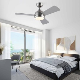 putroad 42 Inch Ceiling Fans with Lights, Modern Brushed Nickel Ceiling Fan with Light and Remote, DC Reversible, 3 blades 6 Speeds, 3CCT Dimmable Ceiling Fan for Bedroom, Indoor/Outdoor Patios