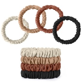 Satin Scrunchies 4 Pack – Non-Slip Hair Ties for Women, Small Thin Satin Hair Scrunchies for Sleeping & Everyday Use, Black + Champagne + Brown + Beige