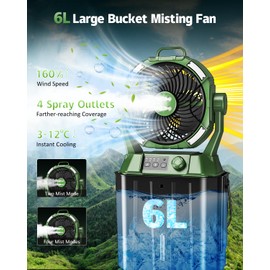 Misting Fan Portable for Outside Patios, Rechargeable Battery Operated Mist fan, Camping Mister Fan With Remote, 4 Spray Outlets, 3 Lights Modes, 4 Timers for Fishing/Golf/Garden/Party/Tent/Office