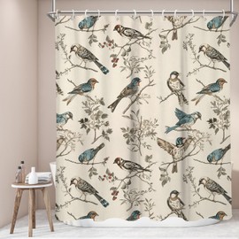 EGLGCC Floral Bird Shower Curtain Spring Branch Fun Extra Long Oversized Vintage Beige Country Retro Flower Unique Cute 72Wx84L Inch Fabric Polyester Cloth Washable Bathroom Decor 12 Hooks