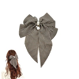 Brown Checkered Hair Accessories for Women Girls Pearl Bow Hair Clip with Long Ribbon Hair Bows Clips for Teen Girls Women Extra Large Checkered Hair Clip Barrettes for Women Bowknot Hair Clips Summer
