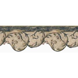 CONCORD WALLCOVERINGS ™ Wallpaper Border Vintage Pattern Vine Leaves Berries for Bedroom Living Room Dining Area, Blue Green Beige, 15 ft by 7 in OA8211B