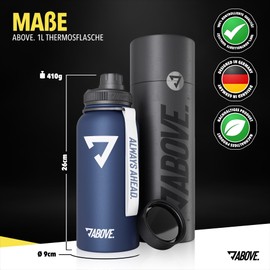 ABOVE. Stainless steel drinking bottle, 1 litre, double-walled, 2 drinking caps, BPA free, carbonated cap, suitable I thermos flask, 1 litre, fitness, sport, gym., blue