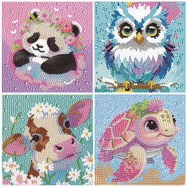 RLXMARTD 4 Pack 5D Cartoon Diamond Painting Kits for Kids, Animal Diamond Mosaic Art Kits,15X15CM Full Drill Gem Painting for Boys,Girls, Beginners,No Frame(Butterfly+Cat+Sea Turtle+Owl)