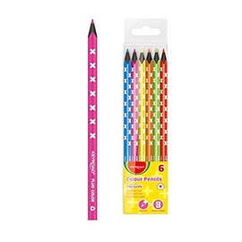 Keyroad KR971870 Neon Triangular Coloured Pencils - Pack of 6 / Mixed Colours / Adults and Children / Black Wood / Hanging Hole
