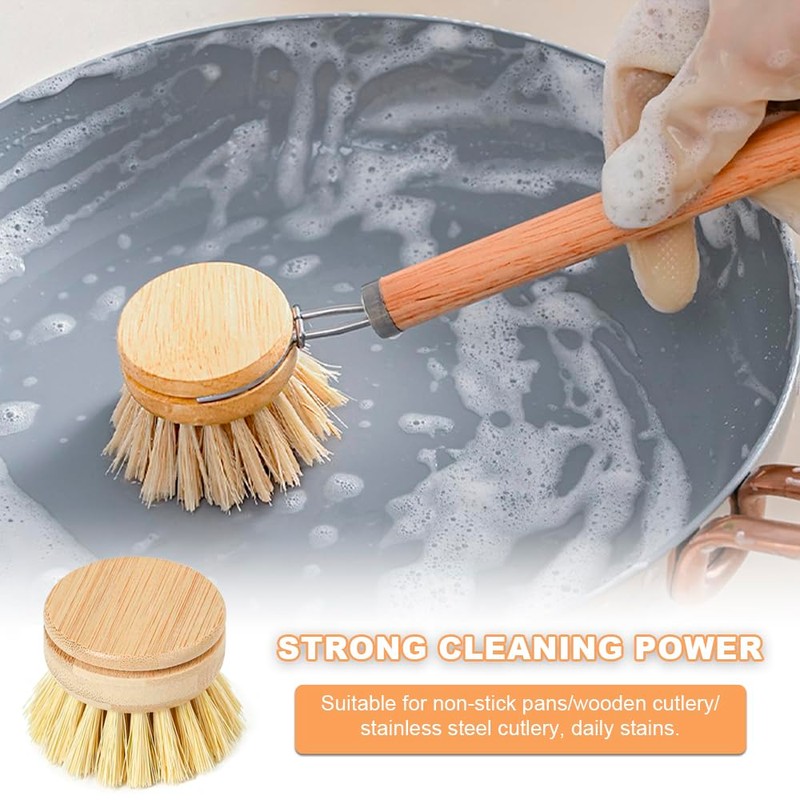 Wooden Washing Up Brush, 4Pcs Replacement Brush Heads for Eco