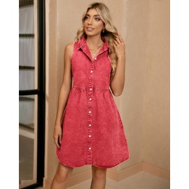 LookbookStore Denim Dress for Women Sleeveless Babydoll Dress Button Down Short Jean Dresses Summer Dresses Casual Poppy Red Size X-Large