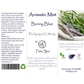 ​​Aromatic Mist Bonny Blue by Tres Spa -​ Purifying & Calming Lavender & Rosemary blend ​of ​​essential ​​oils ​| ​100% Natl​ Vegan |​ Skin ​S​afe​,​ Eco-Friendly​,​ & Alcohol Free (80ml Trvl Size)