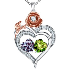 Iefil Heart Necklace for Women June August Birthstone Pendant Necklace, Anniversary Birthday Gift for Her Birthstone Jewelry Alexandrite Necklace Peridot Necklace