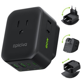 EPICKA Hybrid European Travel Plug Adapter, Foldable & Detachable Type C (EU) VisaPlug, 8-IN-1 International Power Adapter with 4 USB Ports (2 USB-C PD 20W) - Travel Essentials for US to Europe, Black