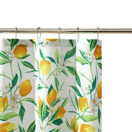 Pure Bath 14 Piece Yellow Lemon Printed Linen 72"x70" Shower Curtain with Liner and 12 Shower Hooks