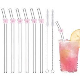 6 Pcs Glass Straws Shatter Resistant with Cute Pink Bow, Reusable Straw Dishwasher Safe with 2 Cleaning Brushes for Pink Lover, Juice, Summer Beach, Birthday Party
