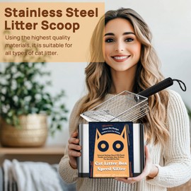 UNISOLODECHO Heavy Duty Stainless Steel Cat Litter Scoop with Holder - Non-Slip Handle, Quick-Sifting Grid & Easy to Clean