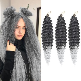 Ocean Wave Crochet Hair 22 Inch Deep Wave Braiding Hair 3 Packs Long Curly Crochet Braids Hair Extensions Ombre Black to Grey(22 Inch,T1B/Grey)